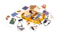 Open suitcase with scattered female travel accessories, clothes and documents vector flat illustration. Composition of