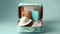 Open suitcase with summer clothes and hat on blue background. 3d rendering Royalty Free Stock Photo