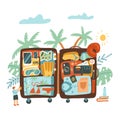 Open suitcases with travel things, icons and objects. Baggage, luggage traveling comcept woth man character and palm