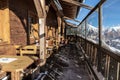 Open sunny veranda of the restaurant with a beautiful view of the mountain landscape, Alps, Austria, Salzburg Royalty Free Stock Photo