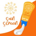 Open sunscreen tube with cream. Sun protection cosmetics