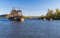 Open swing span of Louisiana Railroad bridge in Missouri Royalty Free Stock Photo