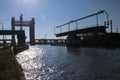 Swinging rail bridge above river Gouwe in the city of Gouda