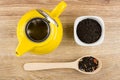 Open teapot, bowl and spoon with dry black tea