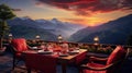 Open terrace with dinner in the mountains. Generative AI