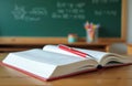 Open textbook with red pen on wooden desk. Classroom setting with blackboard and supplies in background. Ready for student Royalty Free Stock Photo