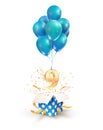 Open textured gift box with number 9 th flying on balloons. Nine years celebrations. Greeting of ninth anniversary