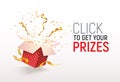 Open textured red box with confetti explosion inside. Click to get your prizes text. Flying particles from giftbox vector