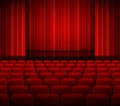 Open theater red curtains with light and seats. Royalty Free Stock Photo