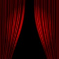 Open theatrical stage curtain. Realistic circus or opera curtains, stage red dramatic drapery. Scarlet velvet curtains