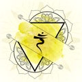 Open Third chakra manipura on yellow watercolor background