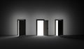 An open three door with bright light streaming into a very dark room. 3D rendering illustration