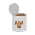 An open tin can with beef stew. Food, dry rations for field conditions, camping, hiking, traveling. Flat vector illustration