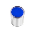 Open tin can with blue paint isolated on white Royalty Free Stock Photo