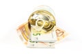 An open tin can of euro banknotes with a pull tab Royalty Free Stock Photo