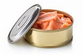 Open tin can of fresh salmon isolated on white background, mockup Royalty Free Stock Photo