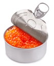 Open tin can full of red caviar on white background. File contains clipping path. Royalty Free Stock Photo