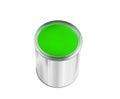 Open tin can with green paint isolated on white Royalty Free Stock Photo