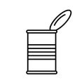 Open tin can with lid, side view. Linear canned goods icon. Illustration of preserves, ready-made food industrial production.