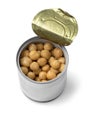 Open tin can with preserved chickpeas on white background Royalty Free Stock Photo