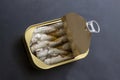 Open tin can of sardines with lid open and ring pull Royalty Free Stock Photo