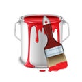 An open tin can with spilled red paint and a brush smeared in paint. Royalty Free Stock Photo