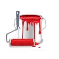 An open tin can with spilled red paint and a roller brush smeared in paint. Royalty Free Stock Photo