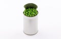 Open tin cans  Peas  high view on white background Royalty Free Stock Photo