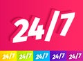 Open 24 to 7 Icon. White single word on pink. A set of different colors yellow green blue purple. 24 hour support. Vector color Royalty Free Stock Photo