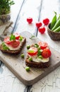Open toasts with cream cheese, cherry tomatoes and green peas close up Royalty Free Stock Photo