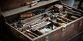 An open toolbox with various hand tools, emphasizing the importance of skilled labor and craftsmanship, concept of