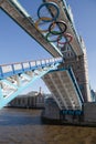 Open Tower bridge decorated with Olympic rings