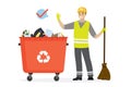 Open trash can with garbage and garbage collector holds broom. African american male worker in special uniform. Happy cleaner