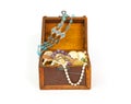 Open treasure chest with bracelets, coins, rings and pearls
