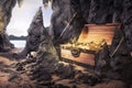 Open treasure chest with bright gold in a cave