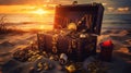 Open treasure chest filled with gold coins. Generative Ai Royalty Free Stock Photo