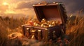 Open treasure chest filled with gold coins. Generative Ai Royalty Free Stock Photo