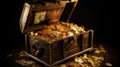 Open treasure chest filled with gold coins. Generative Ai Royalty Free Stock Photo