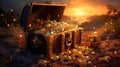 Open treasure chest filled with gold coins. Generative Ai Royalty Free Stock Photo