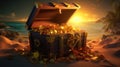 Open treasure chest filled with gold coins. Generative Ai Royalty Free Stock Photo