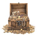 Open treasure chest filled with golden coins, gold and jewelry isolated on white background