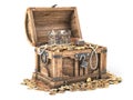 Open treasure chest filled with golden coins, gold and jewelry isolated on white background