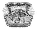 Open treasure chest filled with golden coins and jewelry. Hand drawn engraving style illustration Royalty Free Stock Photo