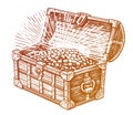 Open treasure chest full of gold coins. Hand drawn sketch vintage vector illustration Royalty Free Stock Photo