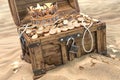 Open treasure chest full of golden coins on sandy beach. Wealth and treasure concept