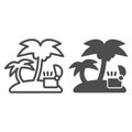 Open treasure chest on island line and glyph icon. Tropical island with palm vector illustration isolated on white Royalty Free Stock Photo