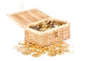 Open treasure chest with money on white