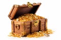 Open treasure chest overflowing with gold coins. Isolated on white Royalty Free Stock Photo