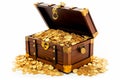 Open treasure chest overflowing with gold coins. Isolated on white Royalty Free Stock Photo