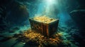 Open treasure chest sunken at the bottom of the sea. Generative Ai Royalty Free Stock Photo